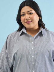 Women Black Stripes Kimono Sleeves Regular Shirt