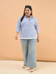 Women Blue Stripes Back Design Hi-Low Shirt