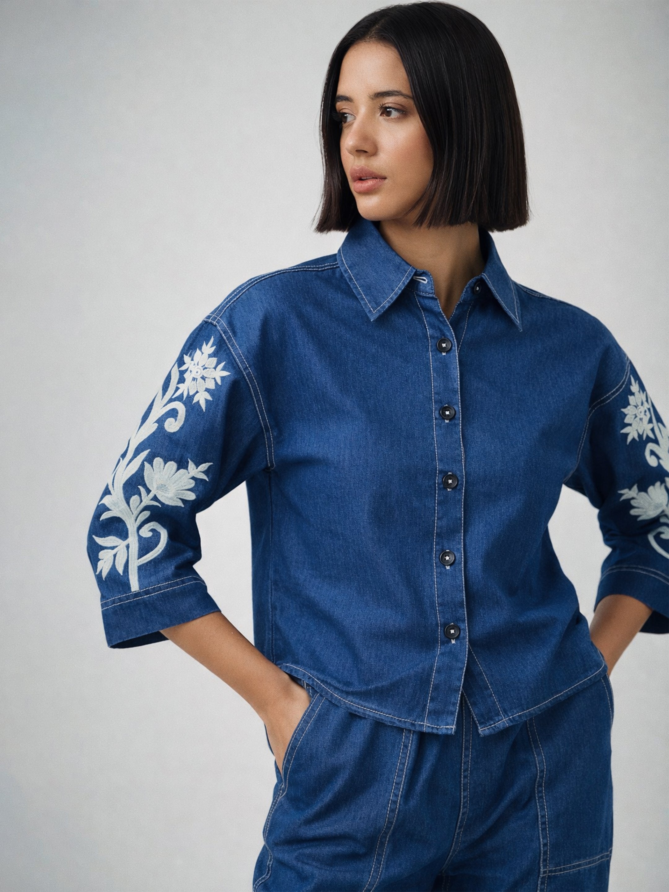 Women Navy Embroidered Tencel Crop Shirt