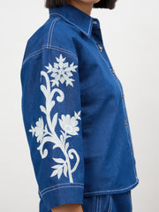 Women Navy Embroidered Tencel Crop Shirt