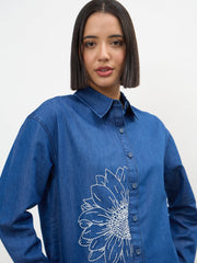 Women Navy Embroidered Oversize Shirt