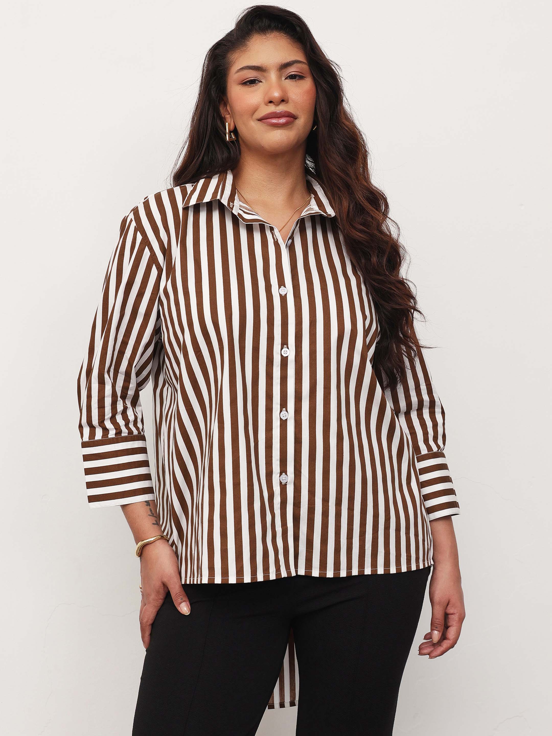 Women Brown Stripe High-Low Regular Shirt