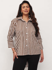 Women Brown Stripe High-Low Regular Shirt