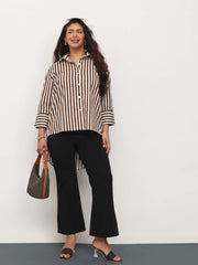 Women Brown Stripe High-Low Regular Shirt