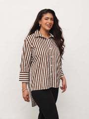 Women Brown Stripe High-Low Regular Shirt
