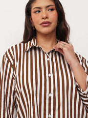 Women Brown Stripe High-Low Regular Shirt