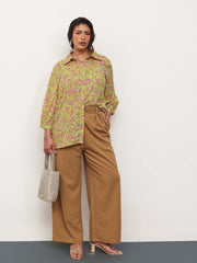 Women Neon Green Paisley Front Button Regular Shirt