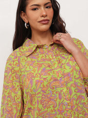 Women Neon Green Paisley Front Button Regular Shirt