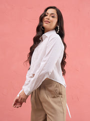 Women White Schiffli Back Tie Crop Shirt