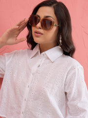 Women White Schiffli Back Tie Crop Shirt