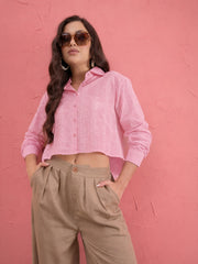 Women Pink Schiffli Back Tie Crop Shirt