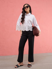 Women White Poplin Scallop Hem Regular Shirt