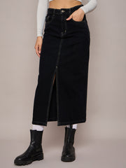 Women Black Denim Front Slit Midi Skirt