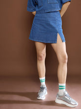 women blue denim front slit skorts