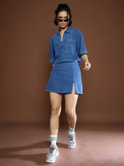 women blue denim front slit skorts