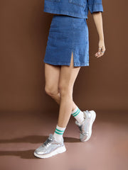 women blue denim front slit skorts