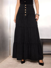 women black washed denim tiered maxi skirt