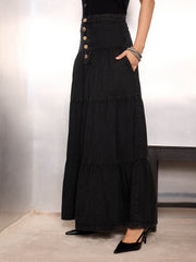 women black washed denim tiered maxi skirt