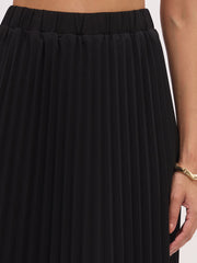 Women Black Elasticated Waist Pleated Midi Skirt