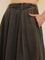 Women Black Denim Acid Wash Box Pleated Maxi Skirt