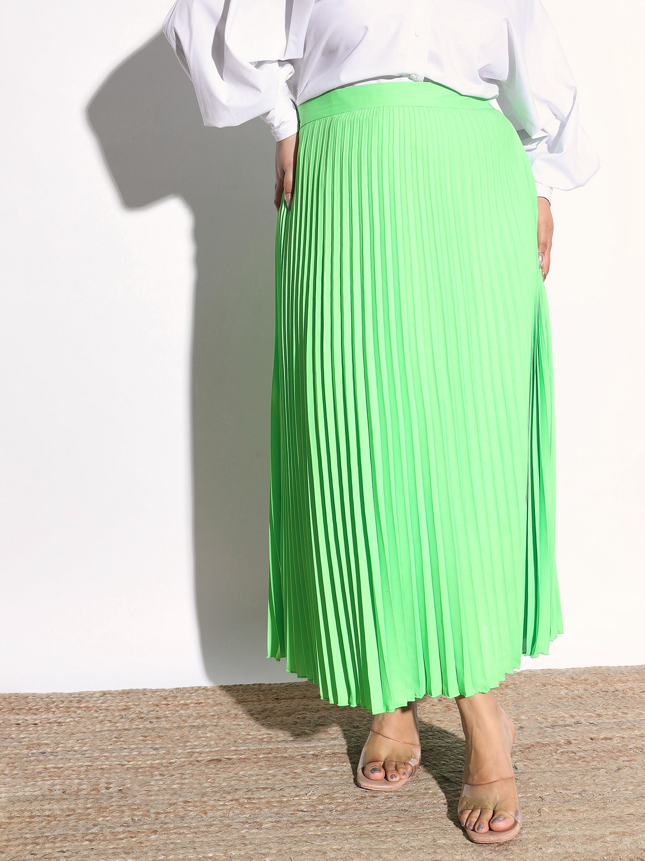 Neon Green Accordion Pleated Skirt SASSAFRAS Curve