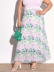 White & Green Floral Accordion Pleated Skirt SASSAFRAS Curve