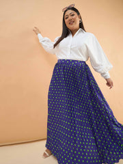 Women Purple Polka Dot Accordion Pleated Maxi Skirt