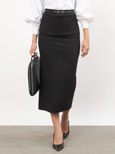 Women Black Front Metal Trim Back Slit Pencil Skirt