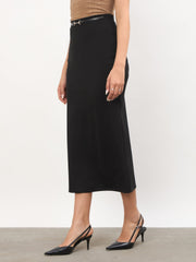 Women Black Front Metal Trim Back Slit Pencil Skirt