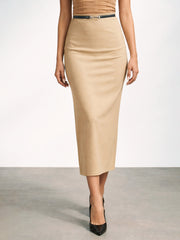 Women Brown Front Metal Trim Back Slit Pencil Skirt