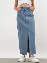 Women Blue Blast Asymmetrical Waist Front Slit Maxi Skirt