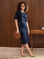 Women Navy Contrast Stitch Midi Skirt