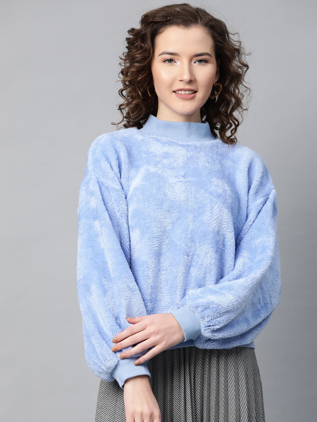 blue balloon sleeve faux fur sweatshirt sfswsh7193