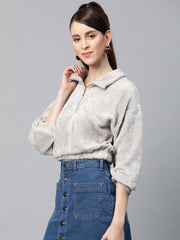 grey zip front faux fur crop sweatshirt sfswsh7196