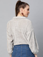 grey zip front faux fur crop sweatshirt sfswsh7196