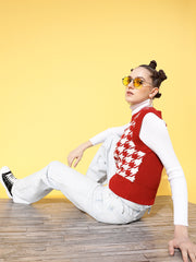 women red houndstooth v neck sleeveless sweater sfswsh7378