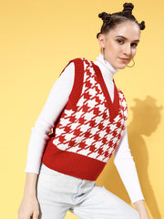 women red houndstooth v neck sleeveless sweater sfswsh7378