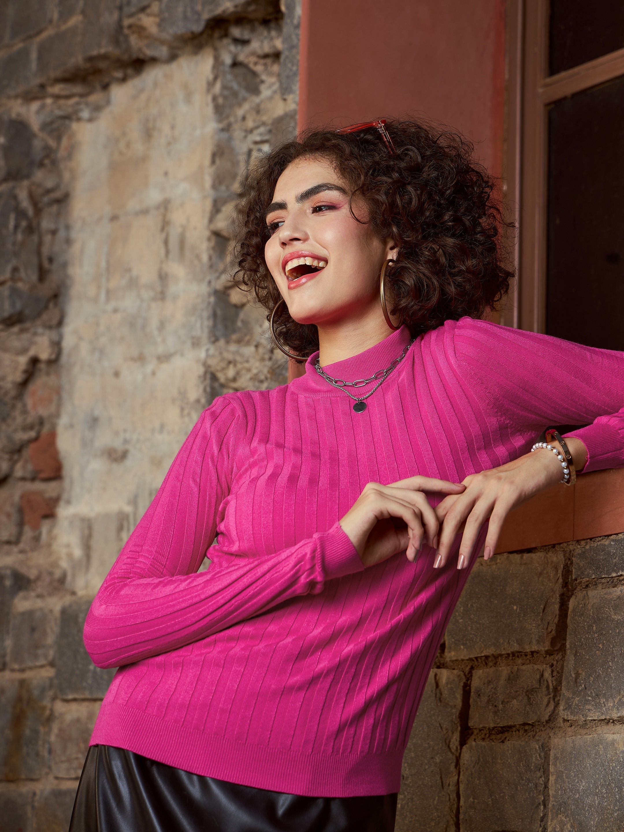 women pink rib full sleeves high neck sweater sfswsh7420