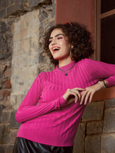 women pink rib full sleeves high neck sweater sfswsh7420