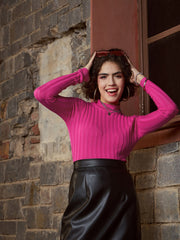 women pink rib full sleeves high neck sweater sfswsh7420