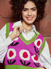 women pink floral v neck sleeveless sweater sfswsh7428