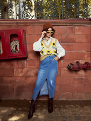 women beige floral v neck sleeveless sweater sfswsh7429