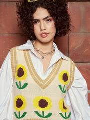 women beige floral v neck sleeveless sweater sfswsh7429