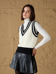 women black white striped v neck sweater vest sfswsh7607