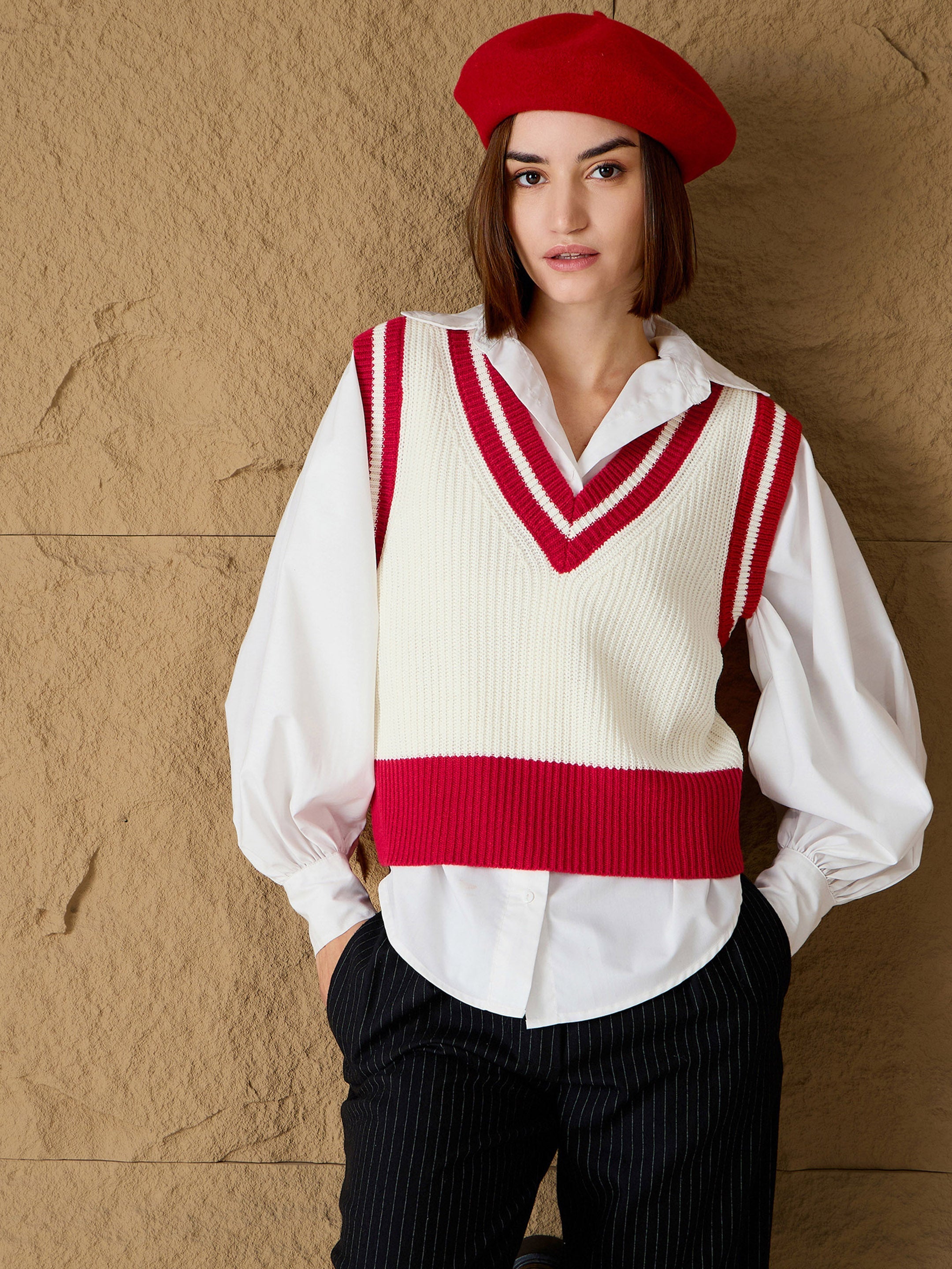 women red white striped v neck sweater vest sfswsh7608