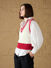 women red white striped v neck sweater vest sfswsh7608