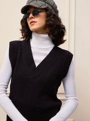 women black solid v neck sweater vest sfswsh7610