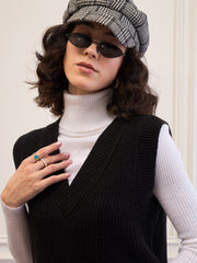 women black solid v neck sweater vest sfswsh7610