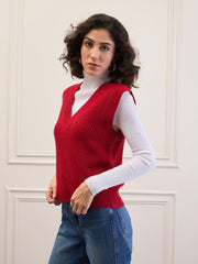 women red solid v neck sweater vest sfswsh7611