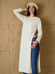 women off white round neck high slit sweater sfswsh7687